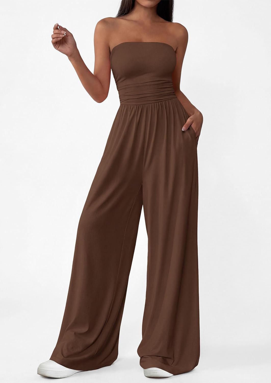 PRETTYGARDEN Womens Trendy Strapless Rompers 2026 Ruched Tube Top Wide Leg One Piece Jumpsuits Beach Vacation Summer Outfits