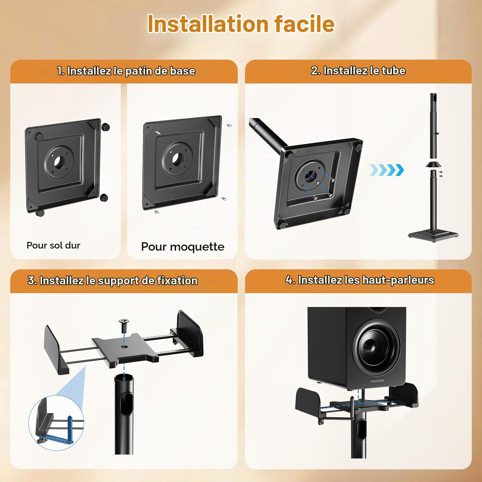 Support Enceinte Surround Lot de 2, Pied Enceintes Universel Hauteur Réglable 86-109 cm, Compatible avec Bose/JBL/Sony, Gestion des Câbles, Noir