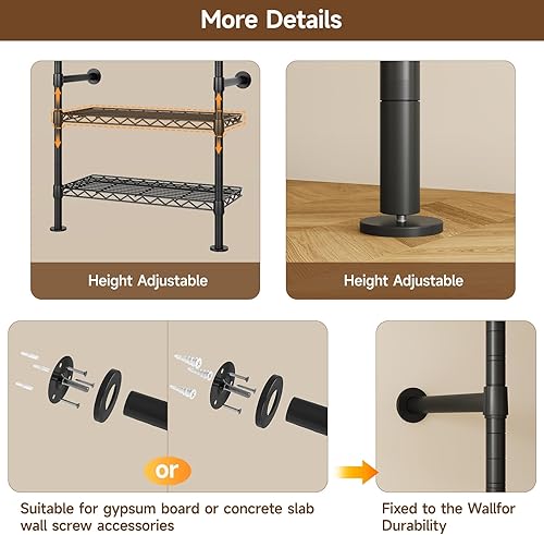 Miniatura 8 de ONBRILL L4 - Perchero industrial de tubería para montar en la pared, sistema organizador de armario con 6 barras de ropa colgantes (4 varillas