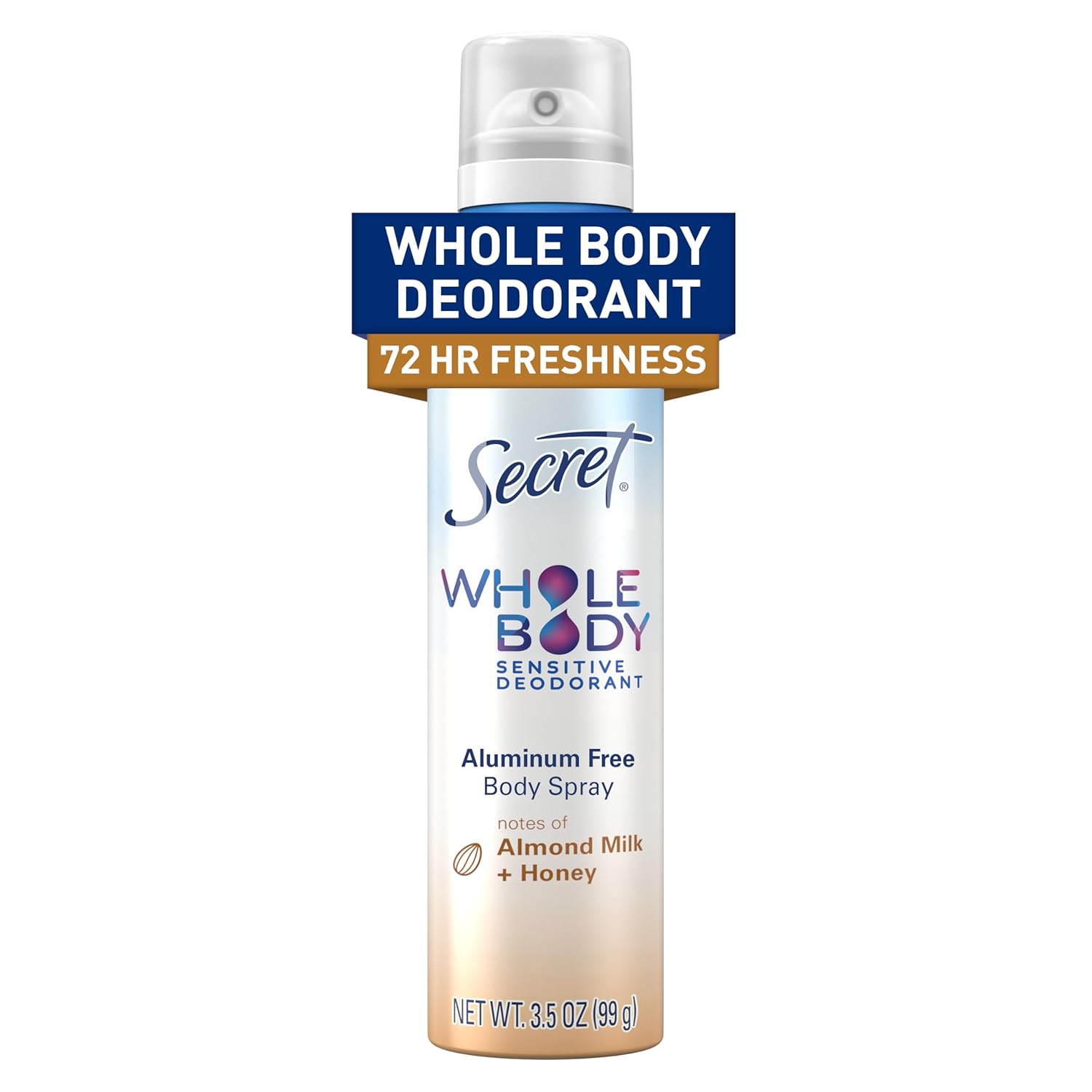 Secret Whole Body Deodorant Spray for Women, Almond Milk & Honey Scent, Aluminum Free Deodorant, 72 HR Odor Protection, 3.5oz