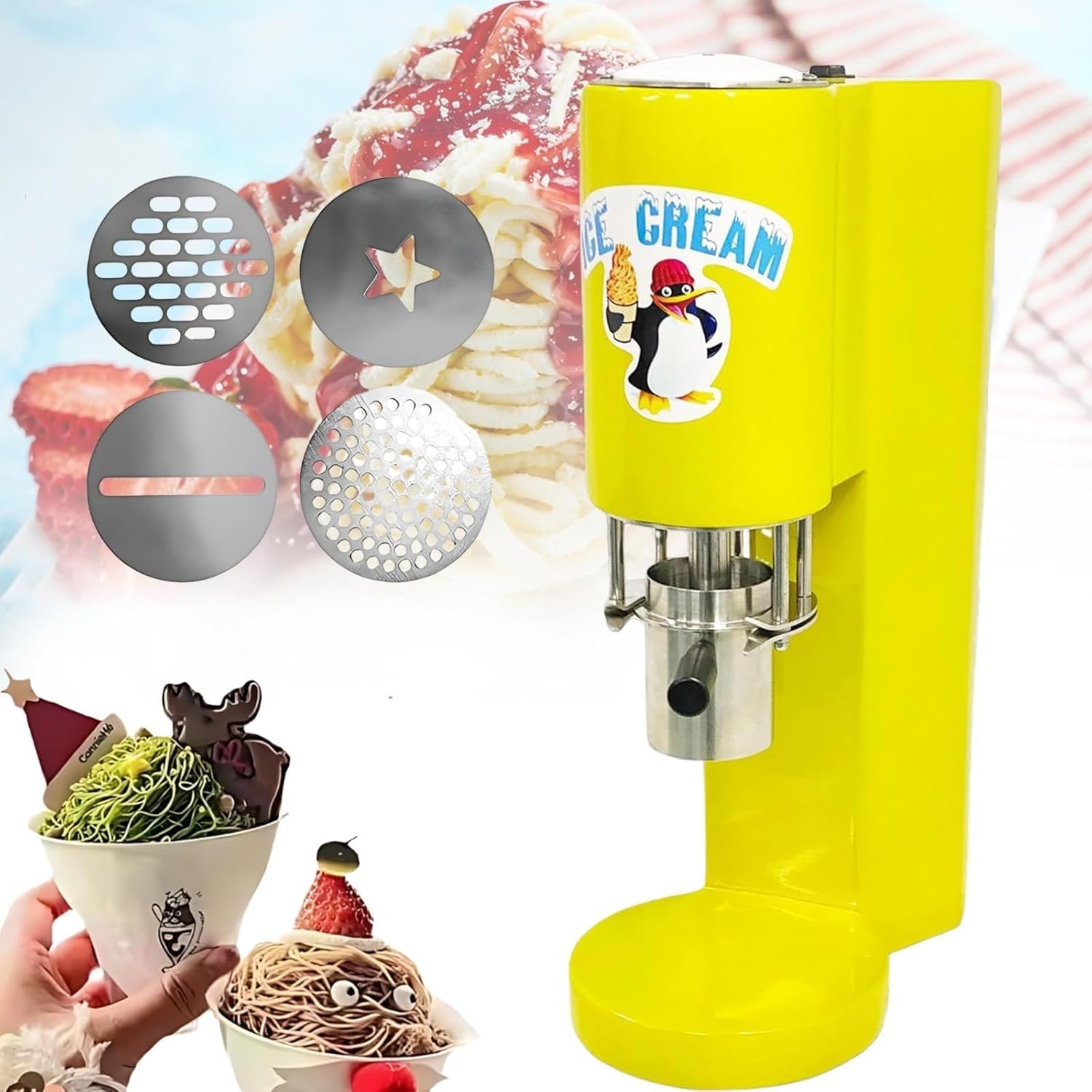 UofZc Spaghetti Ice Cream Maker, Fun Noodle Shape Ice Cream Machine for Homemade Gelato, Sorbet & Frozens Yogurt, Easy Oper-ation for Home Kitchen Use Yellow