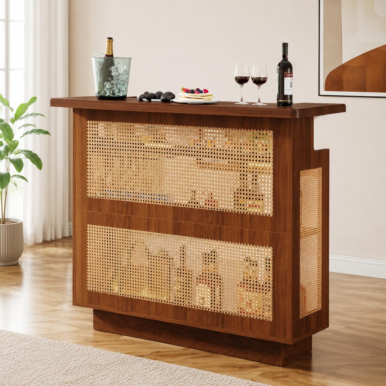 Rattan Bar Cabinet, Woven Cane Wooden Bar Unit with Storage Shelves, Wine Rack & Glass Holder for Home Bar Furniture, Natural Finish | Mini Bar for Home-image-19