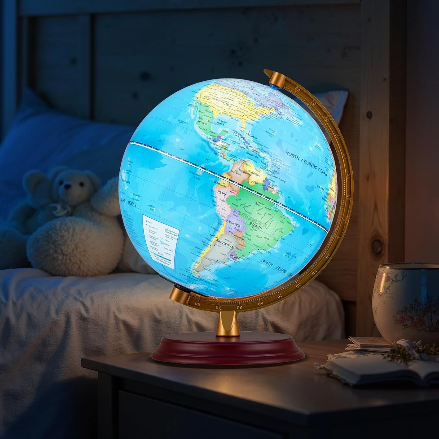 Goplus 8 Inch Illuminated World Globe, Night Light up Globe Lamp with Wooden Stand and HD Map for Adults Home Office, Desktop Decoration (Blue)