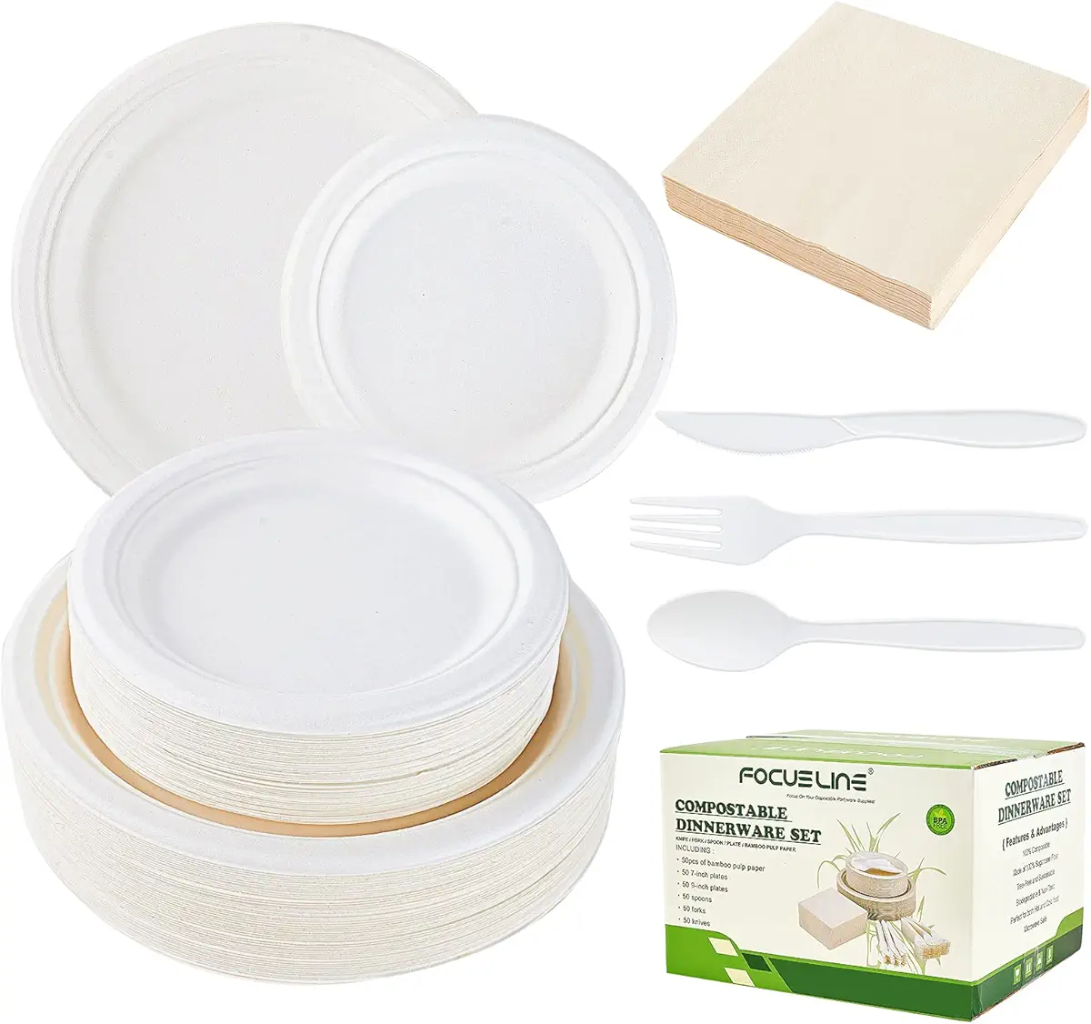 FOCUSLINE 300Pcs Compostable Party Dinnerware Set for 50 Guest- Heavy Duty Compostable Plates and Utensils Napkins, Eco-Friendly Biodegradable Plates Made of Natural Sugarcane Fibers