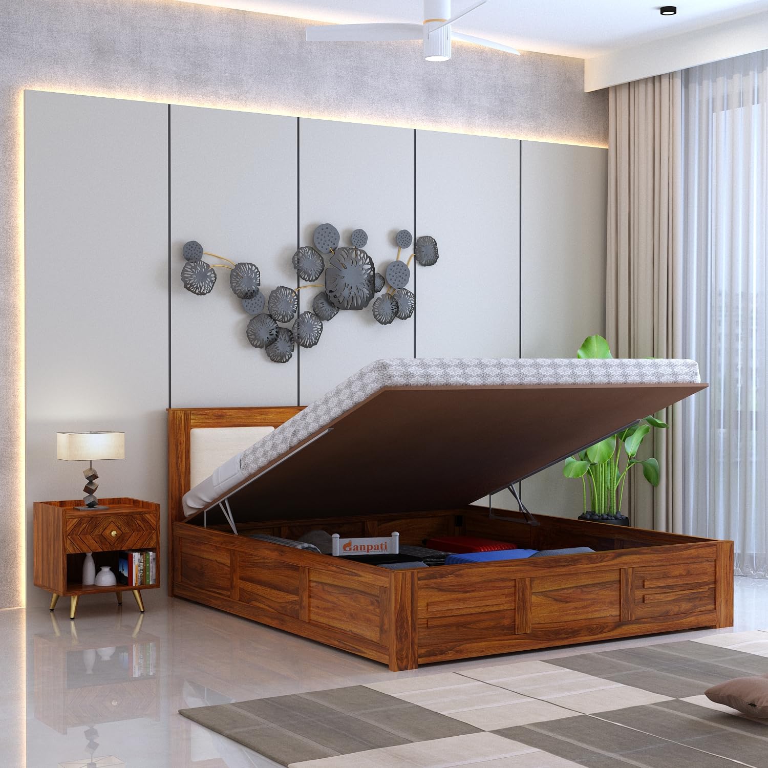 Ganpati Arts Solid Sheesham Wood Swiss Queen Size Bed with Hydraulic Storage and Headboard| Durable Wooden Double Bed Cot Palang Furniture for Bedroom, Guest Room, Hotels, and Home (Natural Finish)-image-43