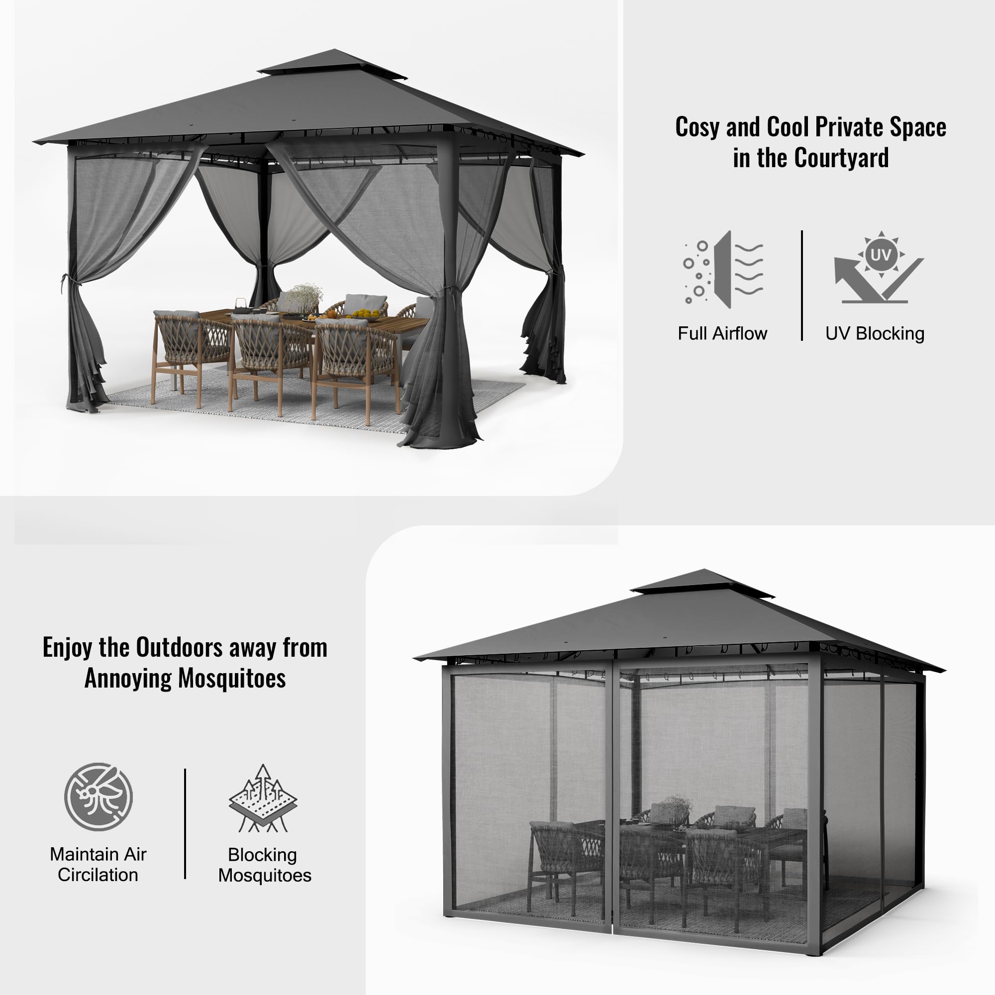 UDPATIO Gazebo da Giardino con Doppio Tetto e Zanzariera, 2.75x2.75 m, Struttura in Metallo Resistente, Gazebo Pieghevole Impermeabile per Giardino, Terrazze - Grigio