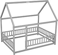 Vista 15 de Harper & Bright Designs Montessori - Cama doble individual, cama de suelo con rieles y techo, plataforma de madera maciza para niños, adolescentes