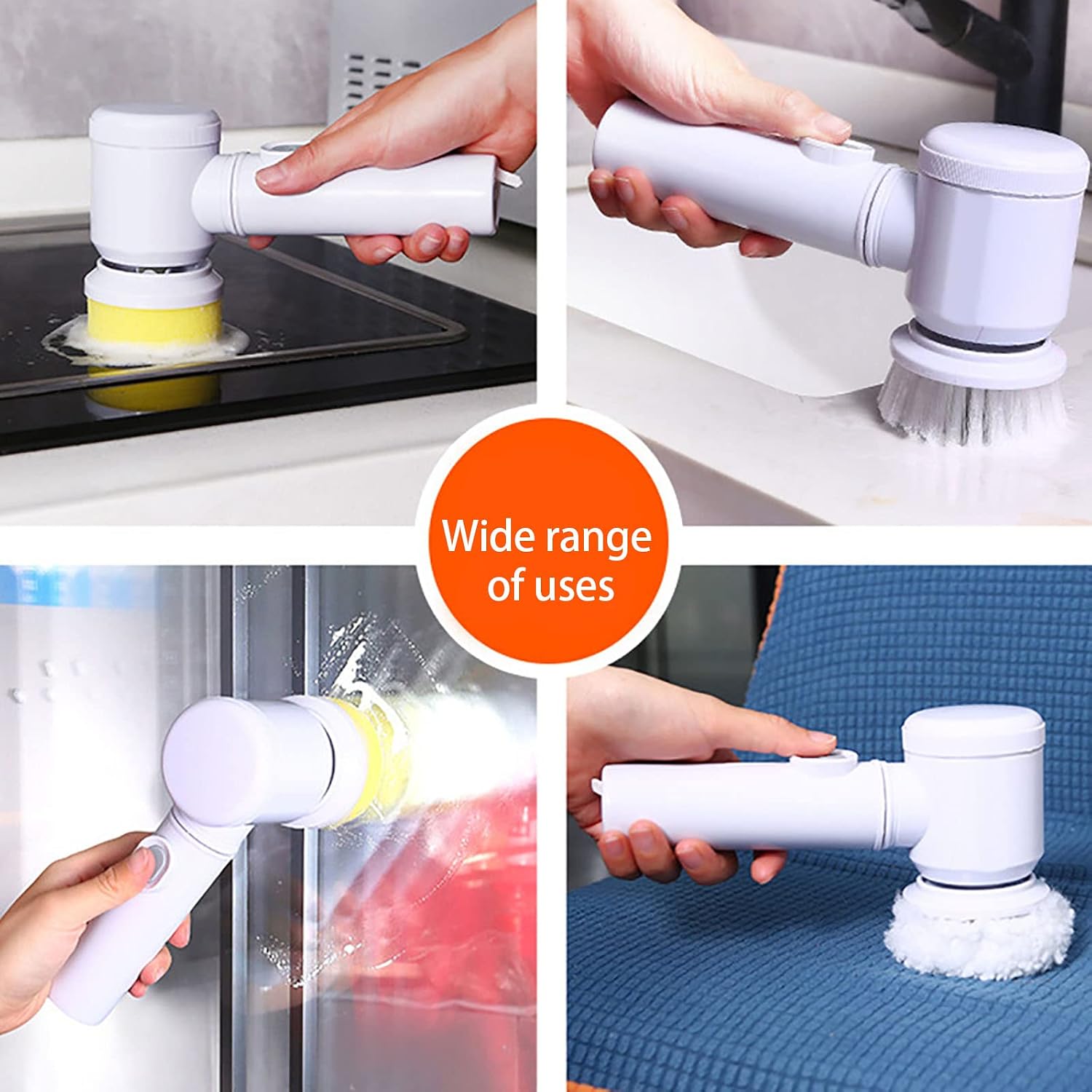 Collage showing the electric cleaning brush used on various surfaces: kitchen counter, sink, glass, and fabric
