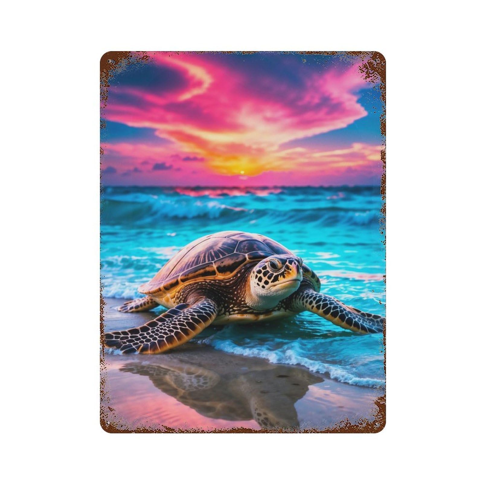 Majestic Sea Turtle at Sunset Aged Metal Wall Plaque 15.7"x11.8", Industrial Home Decor for Pub, Kitchen And Man Cave Decor
