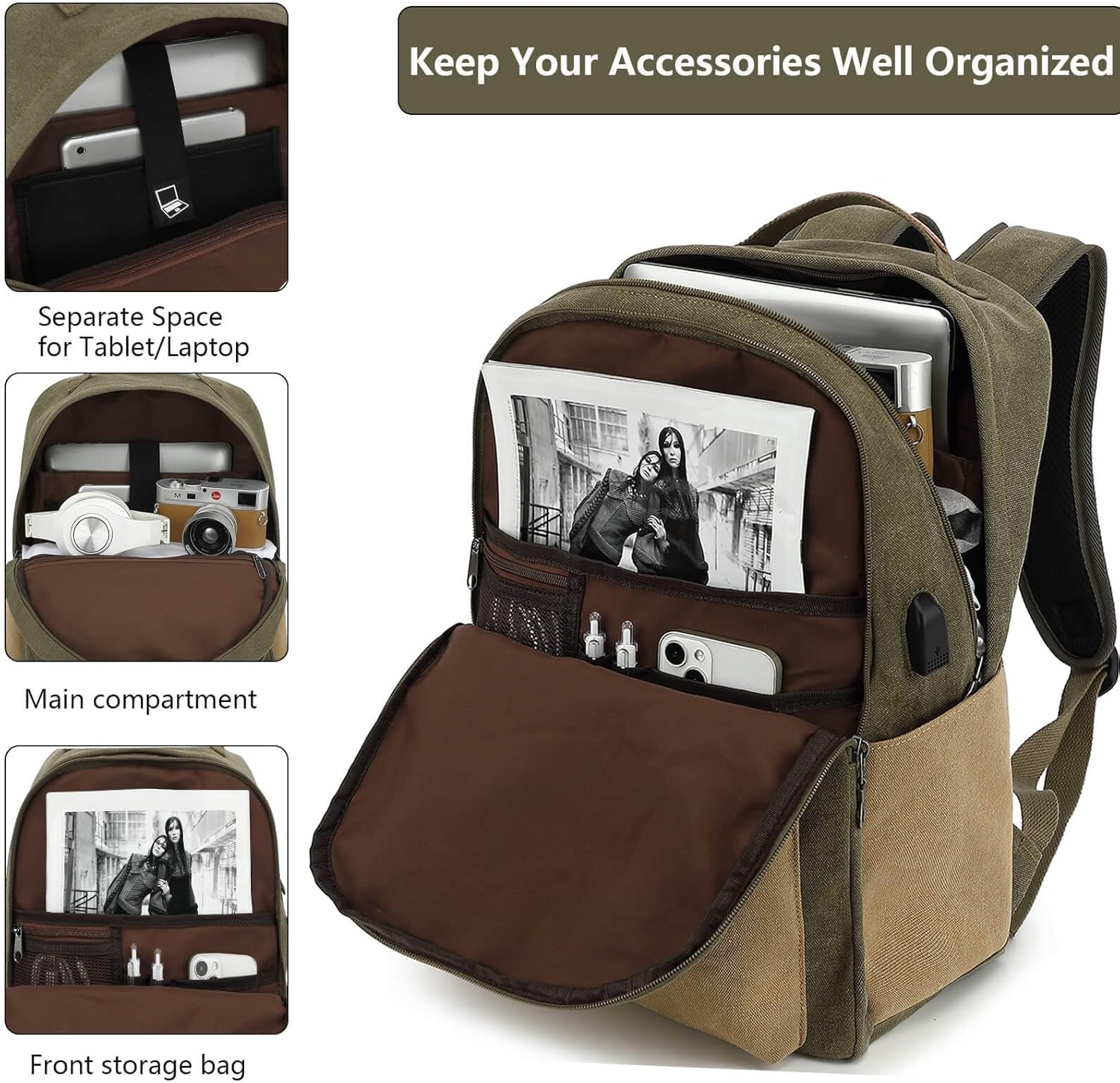 Waterproof Canvas Backpack, Laptop Backpack with USB Charging Port, Vintage Backpack for College Students, Casual Daypack for Men & Women, Travel Work Backpack Fits 15.6 Inch Laptop, Green-Brown - Image 4