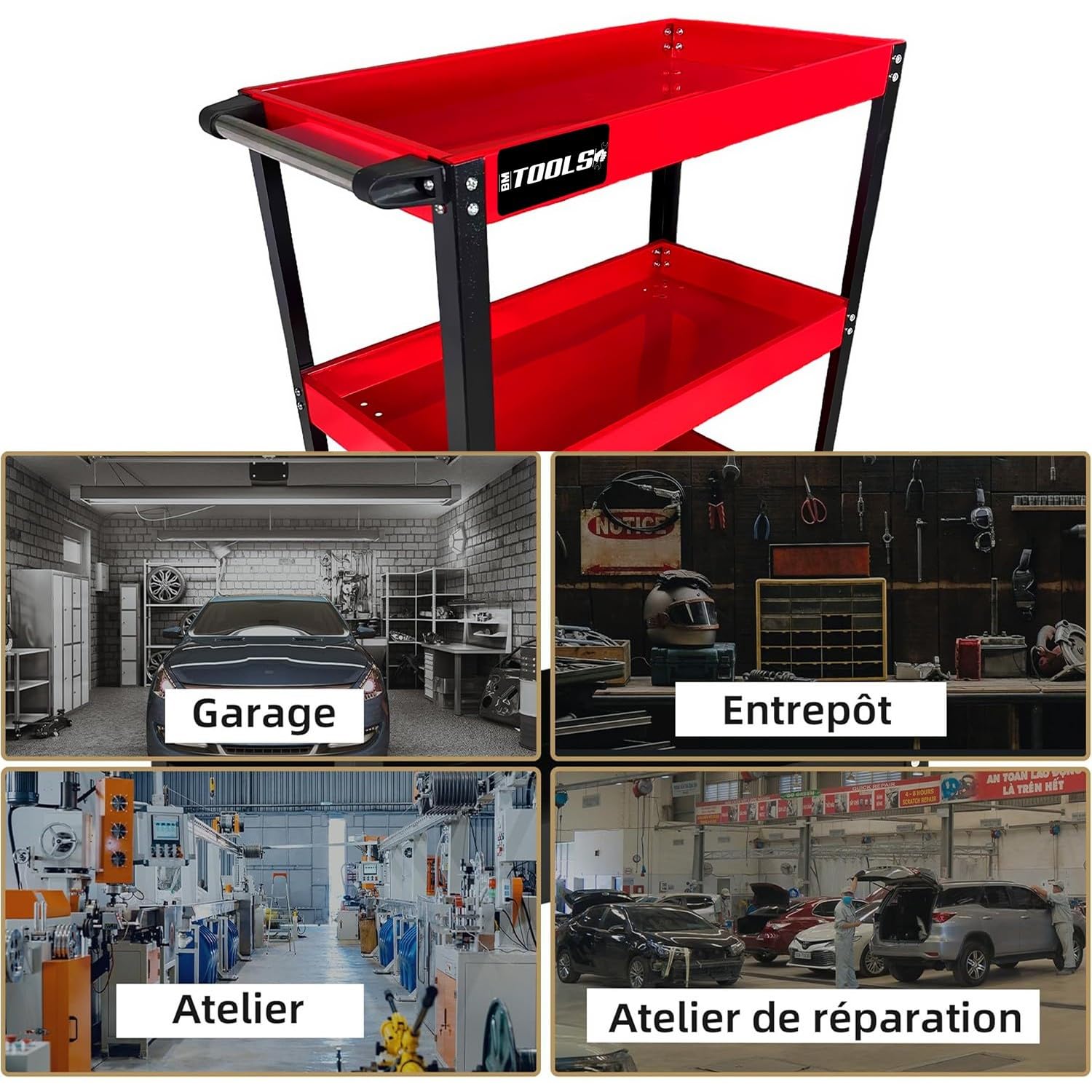 Chariot d'atelier BM TOOLS TOOLCART à 3 étages sur roulettes - Desserte, Plateaux de Rangement pour Outils, Servante, 150KG Max