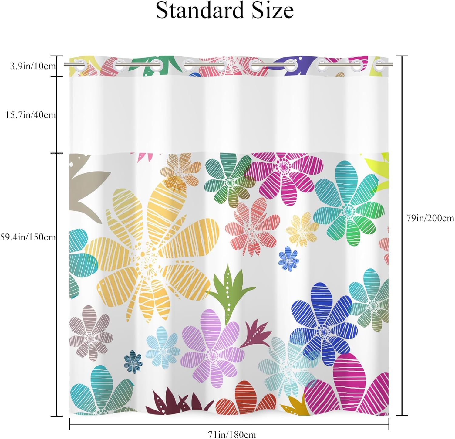 Baocicco No Hook Colorful Flowers Shower Curtain Set for Kids Bath Multicolour Floral Modern Hotel Style Shower Curtain with See Through Top Window Funky Aesthetic Bathroom Decor 71x79 Inch No Liner