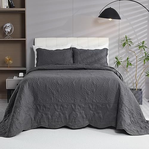 Miniatura 2 de EVENHUG Juego de edredón tamaño King, suave, ligero, gris oscuro, con 2 fundas de almohada, cubrecama reversible para todas las estaciones, 3 piezas