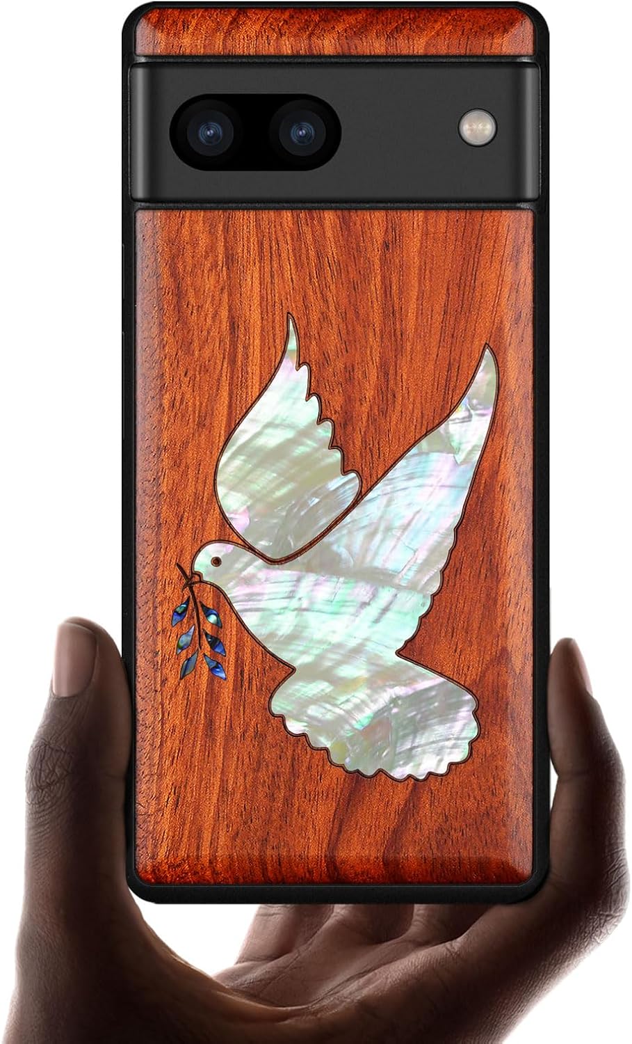 Carveit Designer Wooden Case for Google Pixel 8 Case Protective Cover [Wood Engraving & Shell Inlay] Compatible with Wireless Chargers Pixel 8 (White-Dove-Rosy)