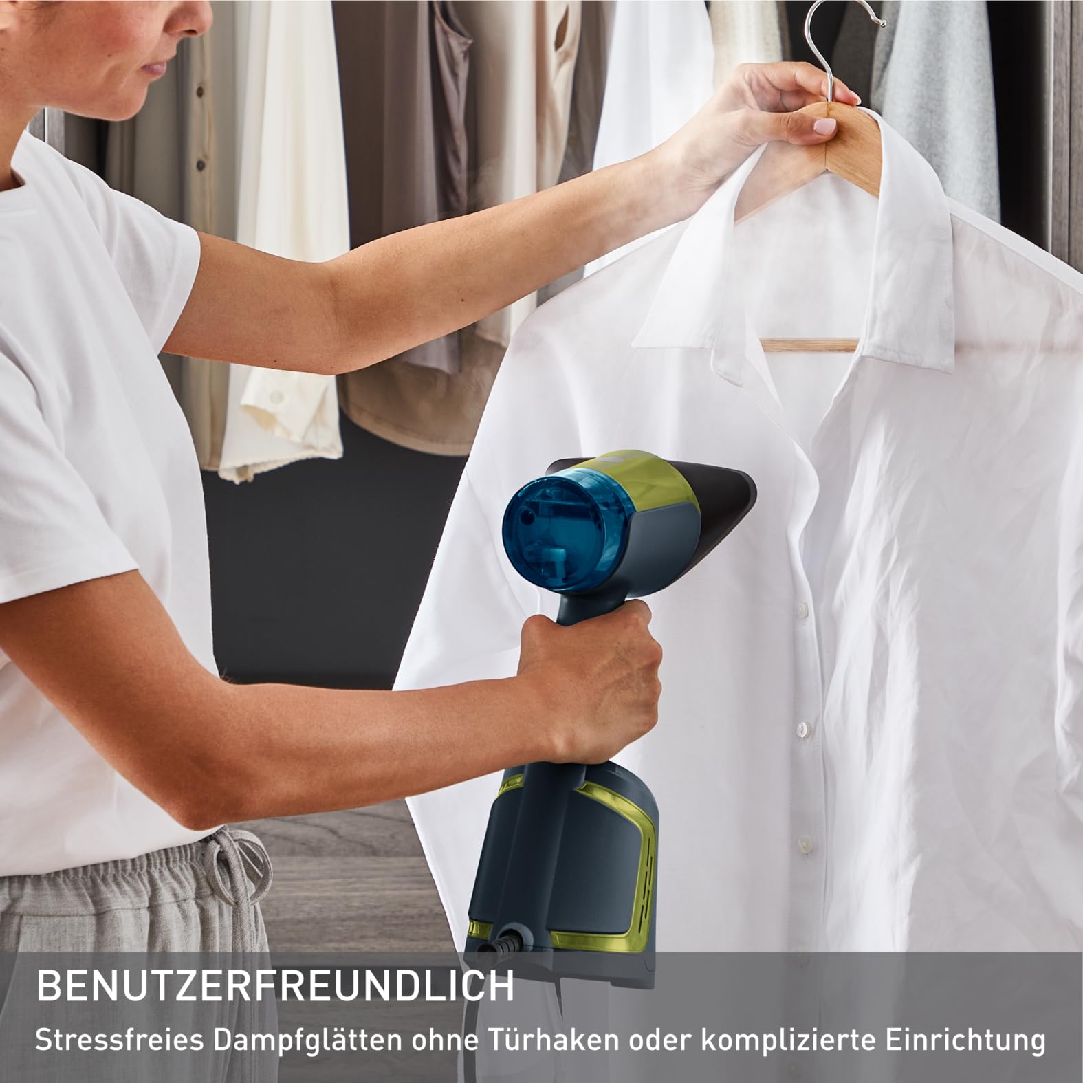 Tefal Aero Steam Dampfglätter – 1400W, Keramik-Bügelsohle, 20 g/Min. Dampf, 3 Modi & Turbo-Saugfunktion, 100 ml abnehmbarer Tank, schnelle faltenfreie Ergebnisse, für Kleidung & Textilien, Blau/Grün