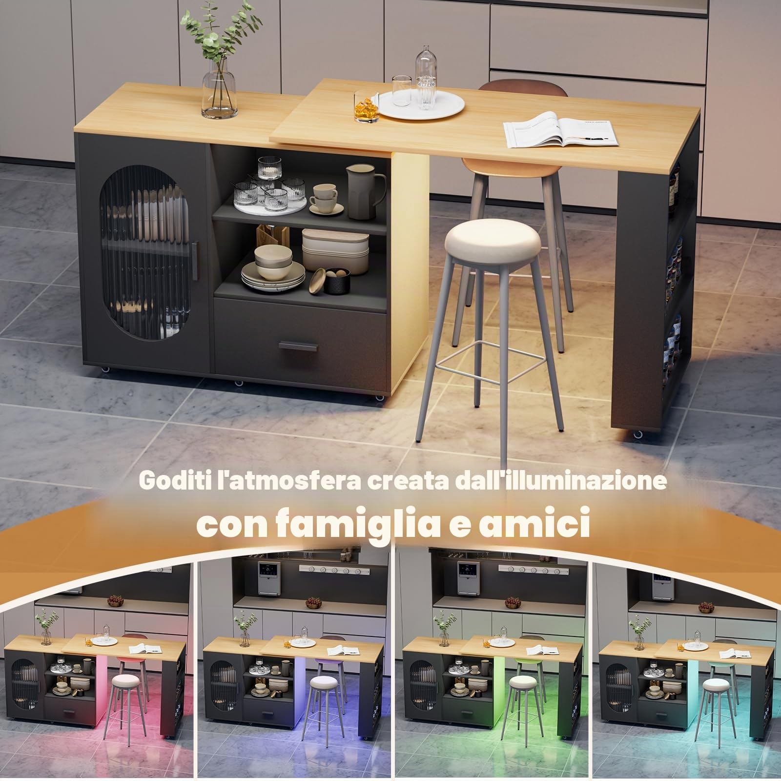 Isola da cucina girevole a 360° con spazio di archiviazione, carrello da cucina portatile, tavolo da bar allungabile, piano di lavoro in acciaio inox, bar per la colazione con armadi e cassetti, per