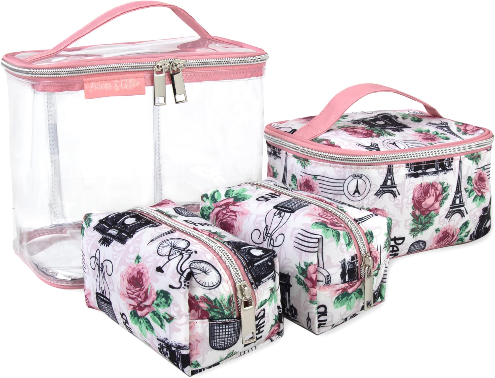 4 Piece Cosmetic Toiletry Bag Set, Waterproof Home, Travel Cosmetic Train Case Makeup Bags for Women with Zipper, Return to Paris, Travel