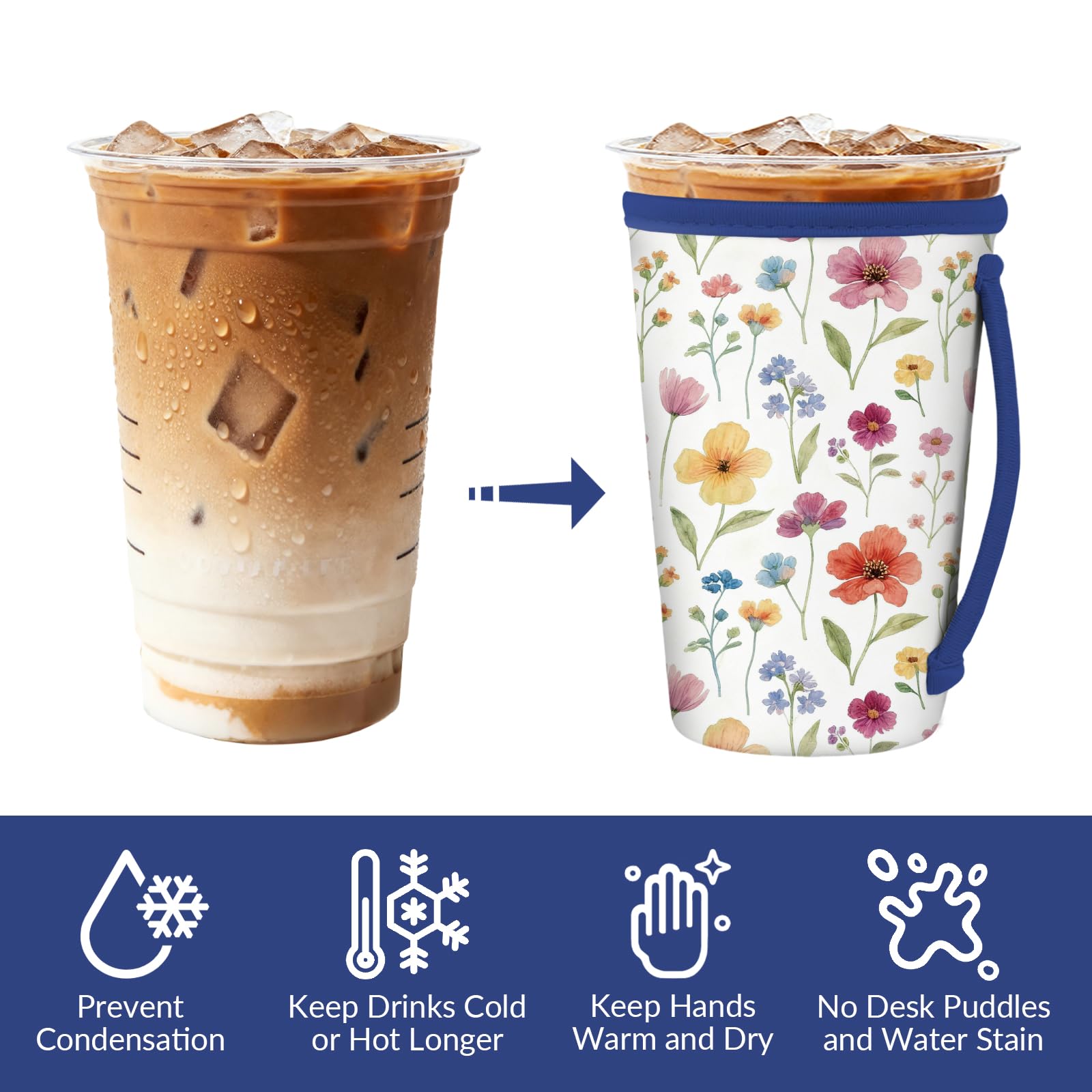 MAYJOYDIY Manchon Isotherme en Néoprène pour Tasse à Café Glacé Motif Floral Bohème Fleurs et Feuilles Colorées Compatible avec les Boissons Chaudes et Froides de 16-32oz