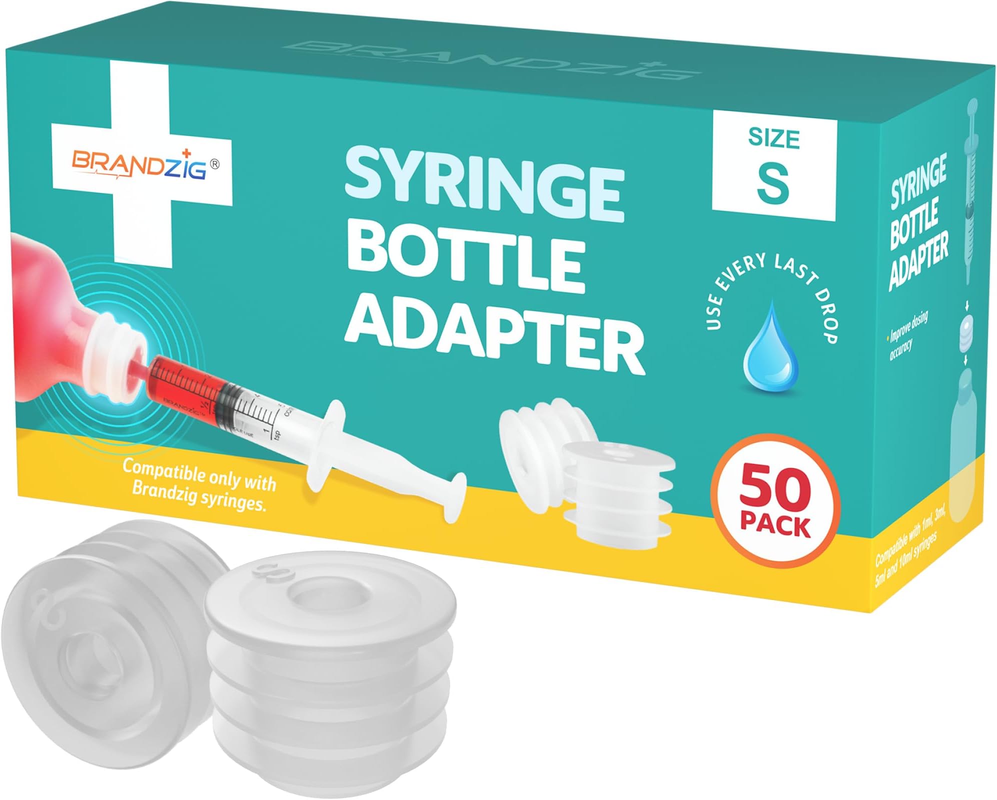 Medicine Bottle Syringe Adapter For Oral Dispensers (Size Small, 50 Pack) | Press In Bottle Adapter for Liquid Medication | Only Fits Brandzig 1ml, 3ml, 5ml & 10ml Syringes