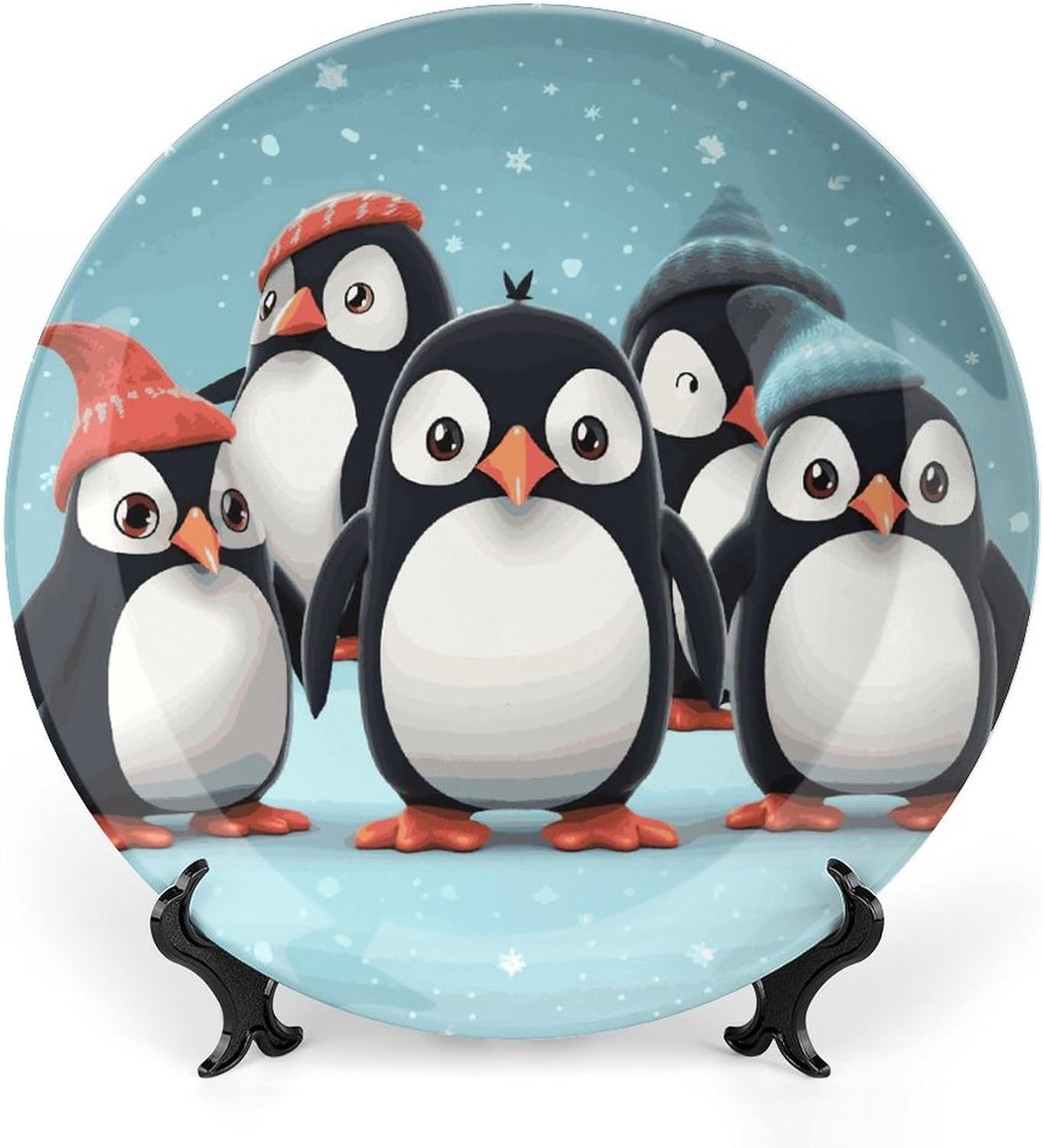 Cute Penguins Bone China Decorative Plate with Display Stand, Ceramic Ornaments Plate for Wall Hanging, Personalized Porcelain Plates for Office, Living Room 8inch