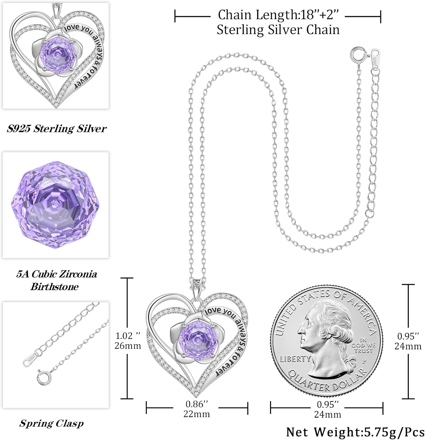 Aurora Tears Birthstone Love Heart Pendant Necklace - 925 Sterling Silver Rose Cut Cubic Zirconia I Love You Necklace Anniversary Birthday Jewelry Gift for Women Wife Mom Daughter - Image 4