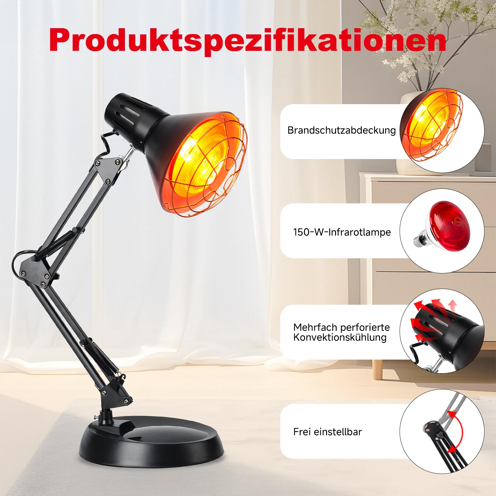 Cozion Wärmelampe 150 Watt Rotlichtlampe Infrarotlicht Temperatur Einstellbar