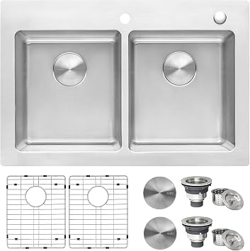 Ruvati 33 x 22 inch Topmount Kitchen Sink 50/50 Double Bowl Kitchen Sinks, 16 Gauge T-304 Stainless Steel Kitchen sink, Drop-in Sink, Brushed Finish RVM5150