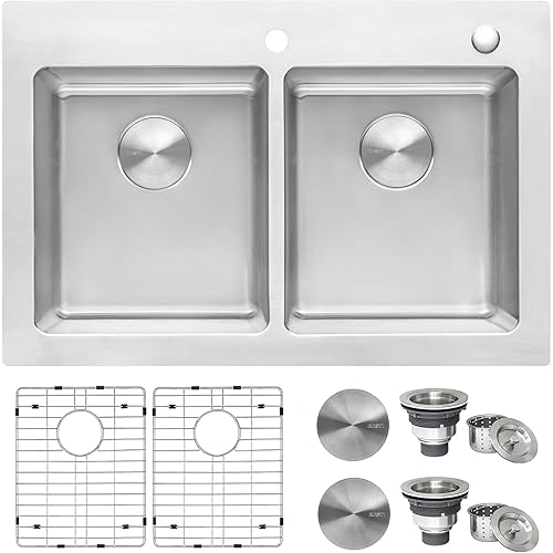 Ruvati 33 x 22 inch Topmount Kitchen Sink – 50/50 Double Bowl Kitchen Sinks, 16 Gauge T-304 Stainless Steel Kitchen sink, Drop-in Sink, Brushed Finish – RVM5150