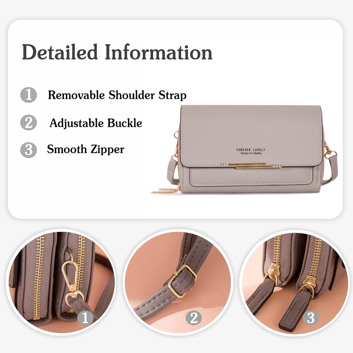 PORRASSO Women's Wallet Crossbody Phone Bag Shoulder Bag Clutch Purse Bag PU Wallet for Party Wedding Travelling Grey - Image 4