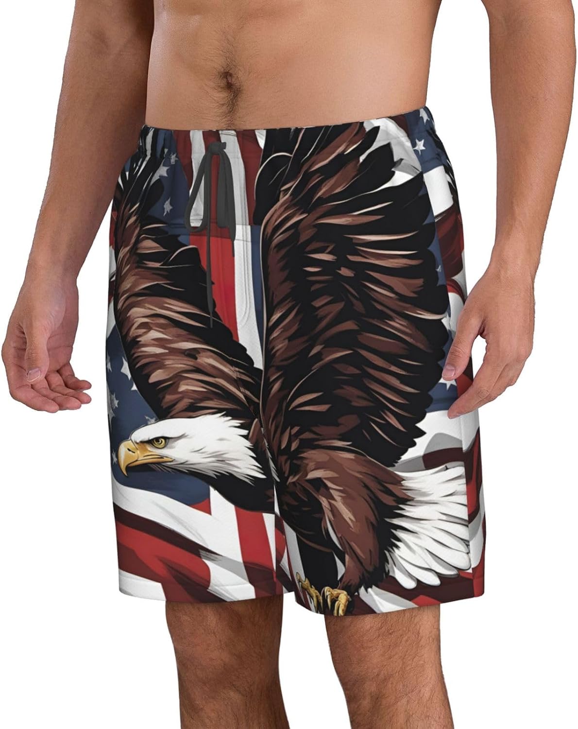Eagle with USA Flag Print Men's Quick-Drying Shorts Casual Beach Pants Stretch Waist Shorts and Pockets