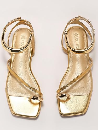 Miniatura 5 de Coutgo Sandalias planas con tiras para mujer, sandalias con anillo de punta abierta, correa de tobillo de metal, zapatos de playa de verano