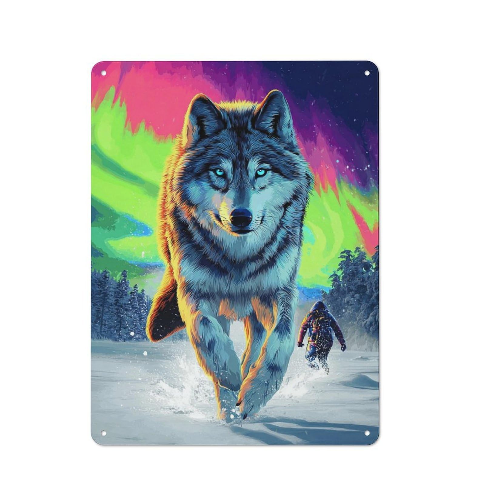 Rustic Wolf in Aurora Night Decorative Tin Sign 40x30cm, Cottage Wall Art for Cottage, Kitchen, Hallway Or Breakfast Nook