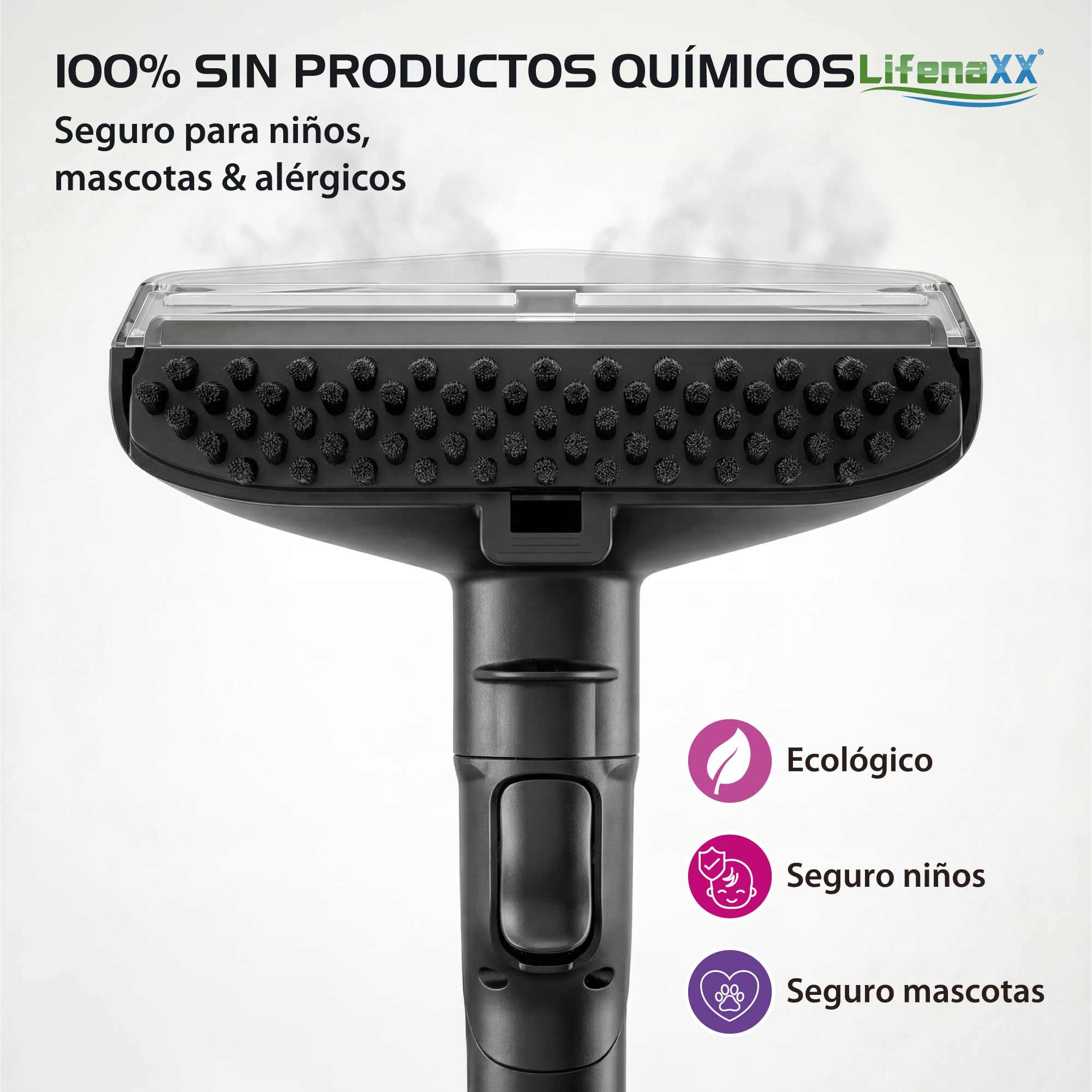 Lifenaxx Limpiador de Vapor para Tejidos 1800W Pro LX-069 | Sistema de Limpieza a Vapor con Potente Succión | Limpieza Profunda para Tapicerías, Colchones y Alfombras | Doble Depósito, 8 Accesorios