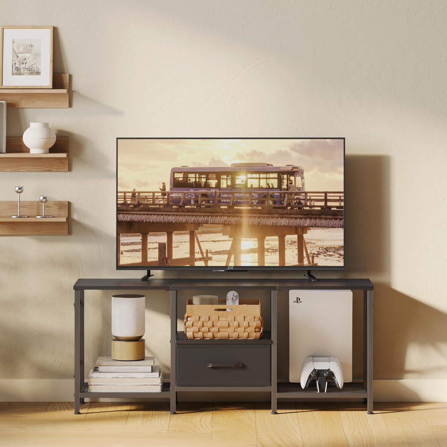 TV Stand with Fabric Drawer, Entertainment Center for 50 55 Inch TV, Industrial TV Console Table with Open Storage Shelves for Living Room, Bedroom, Black