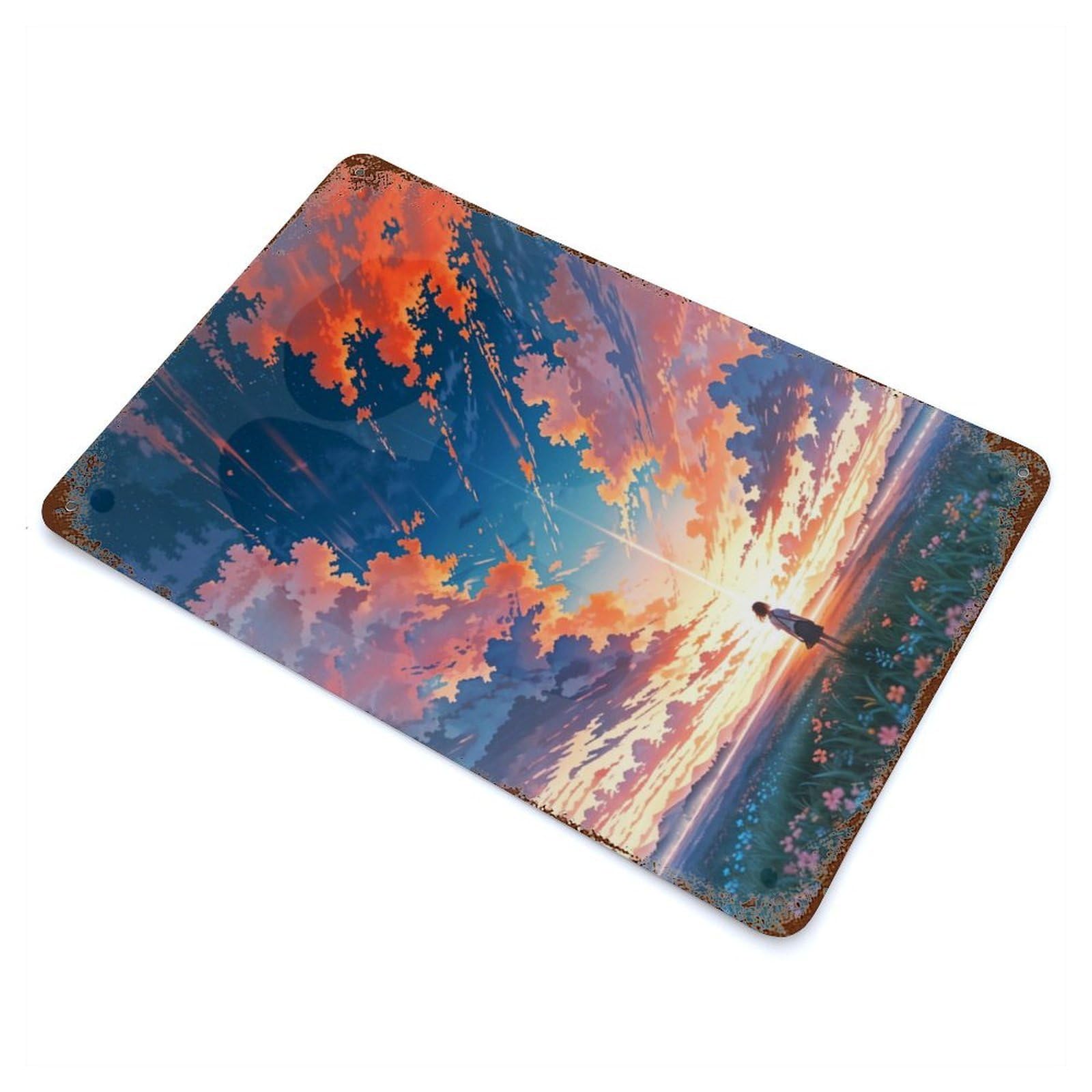 Rust Effect Anime Sunset Landscape Rusty Metal Tin Sign 11.8"x7.9", Rustic Home Decor for Living Room, Hallway And Home Decor