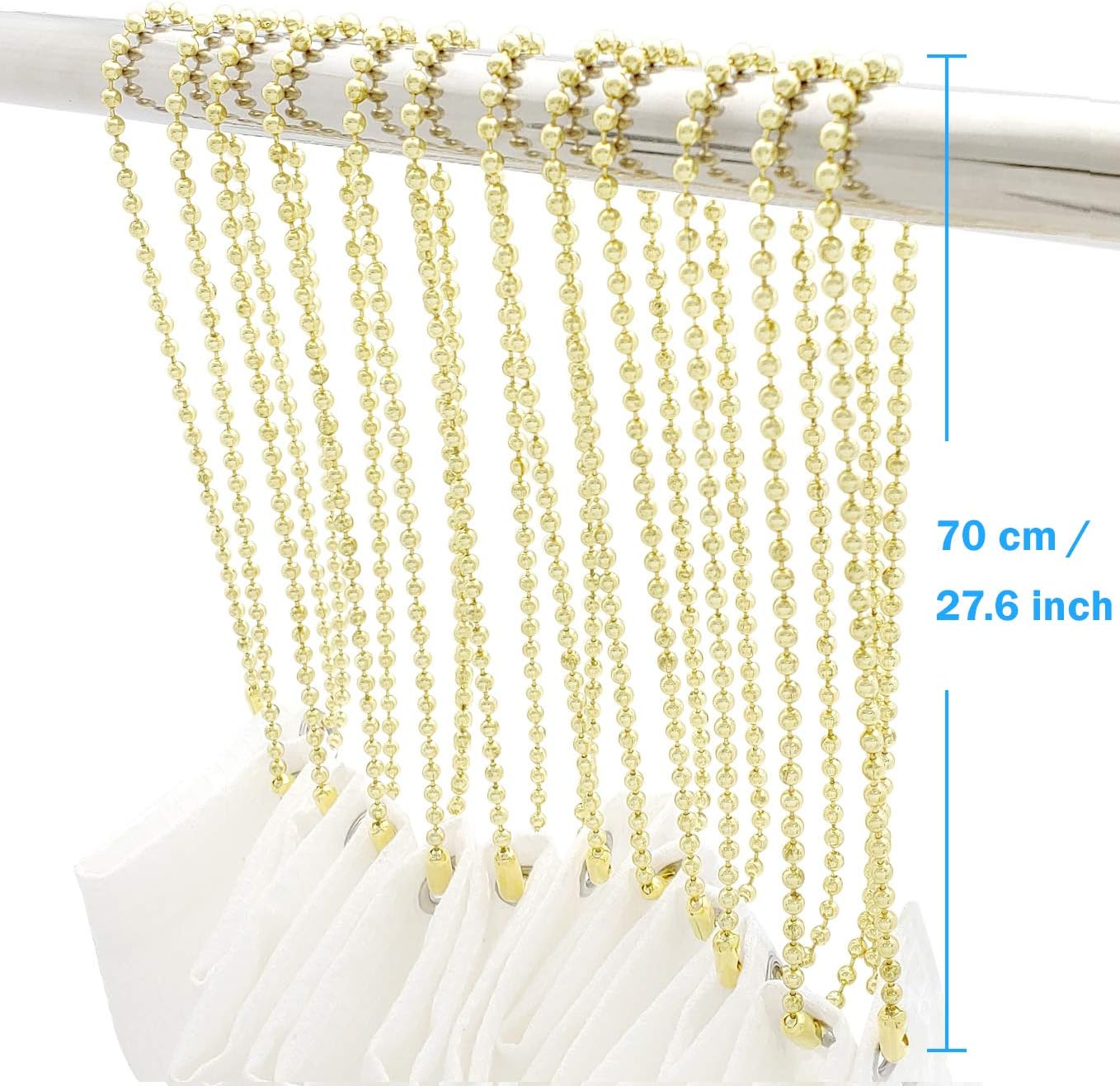 Gold Shower Curtain Hooks, 55 Inch Ball Chain Design, 12 Pack Rust-Resistant Metal Curtain Rings for Bathroom Rods, Heavy Duty 4.5mm Shower Curtain Hangers