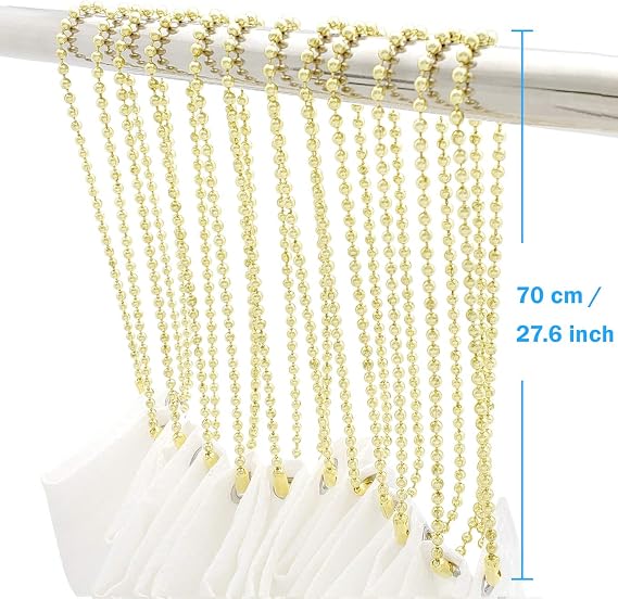 Gold Shower Curtain Hooks, 55 Inch Ball Chain Design, 12 Pack Rust-Resistant Metal Curtain Rings for Bathroom Rods, Heavy Duty 4.5mm Shower Curtain Hangers