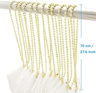 Gold Shower Curtain Hooks, 55 Inch Ball Chain Design, 12 Pack Rust-Resistant Metal Curtain Rings for Bathroom Rods, Heavy Duty 4.5mm Shower Curtain Hangers