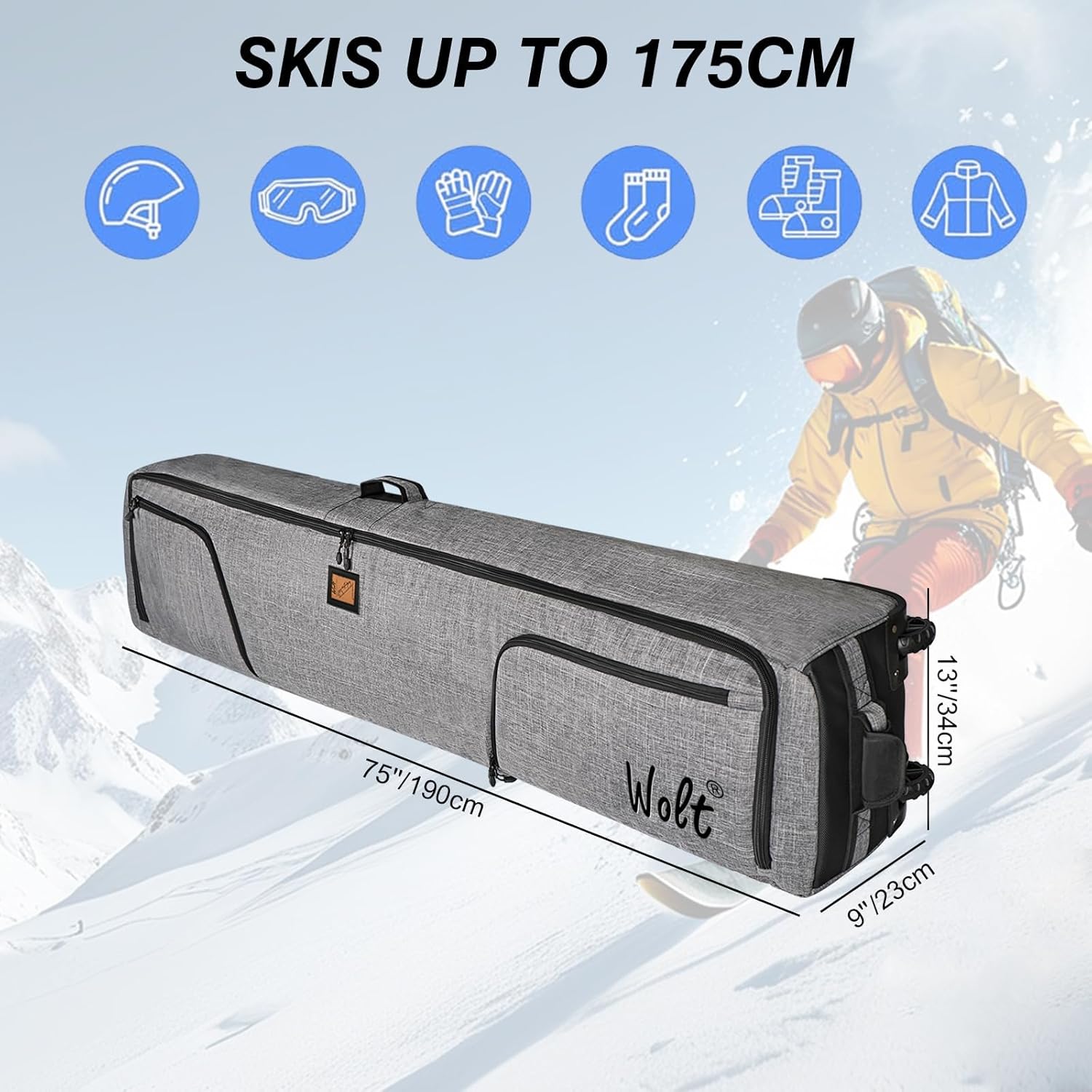 WOLT Rolling Ski Bag,Padded Snowboard Bag with Wheels for Air Travel, Fit to Double Pairs of Skis up to 175 or 190 cm - Image 3