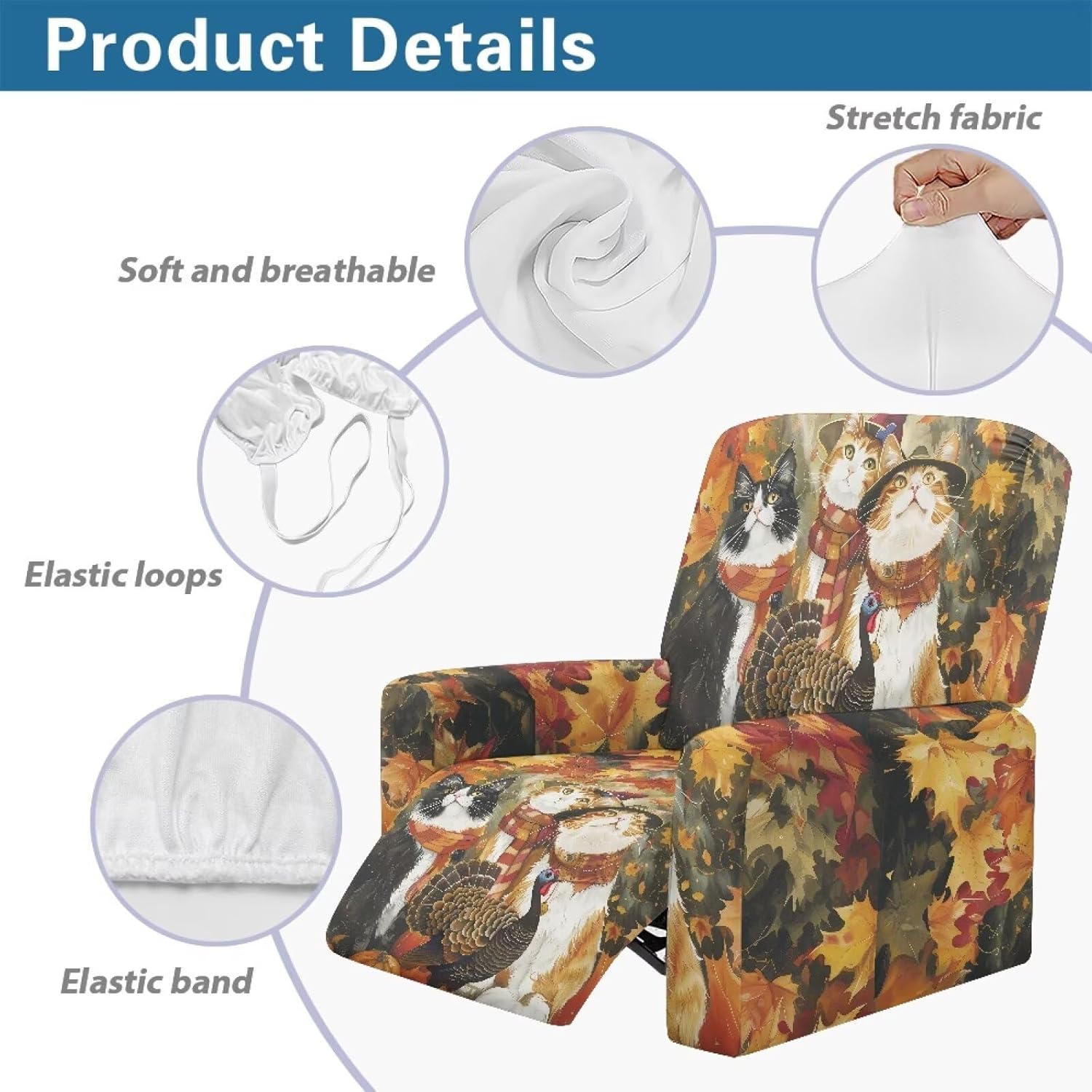 FOR U DESIGNS Cat Turkey Maple Leaf Stretch Recliner Slipcover with Elastic Loops Universal Fit for Living Room Reclining Chairs Easy Install Washable Anti-Slip Protection for Pets