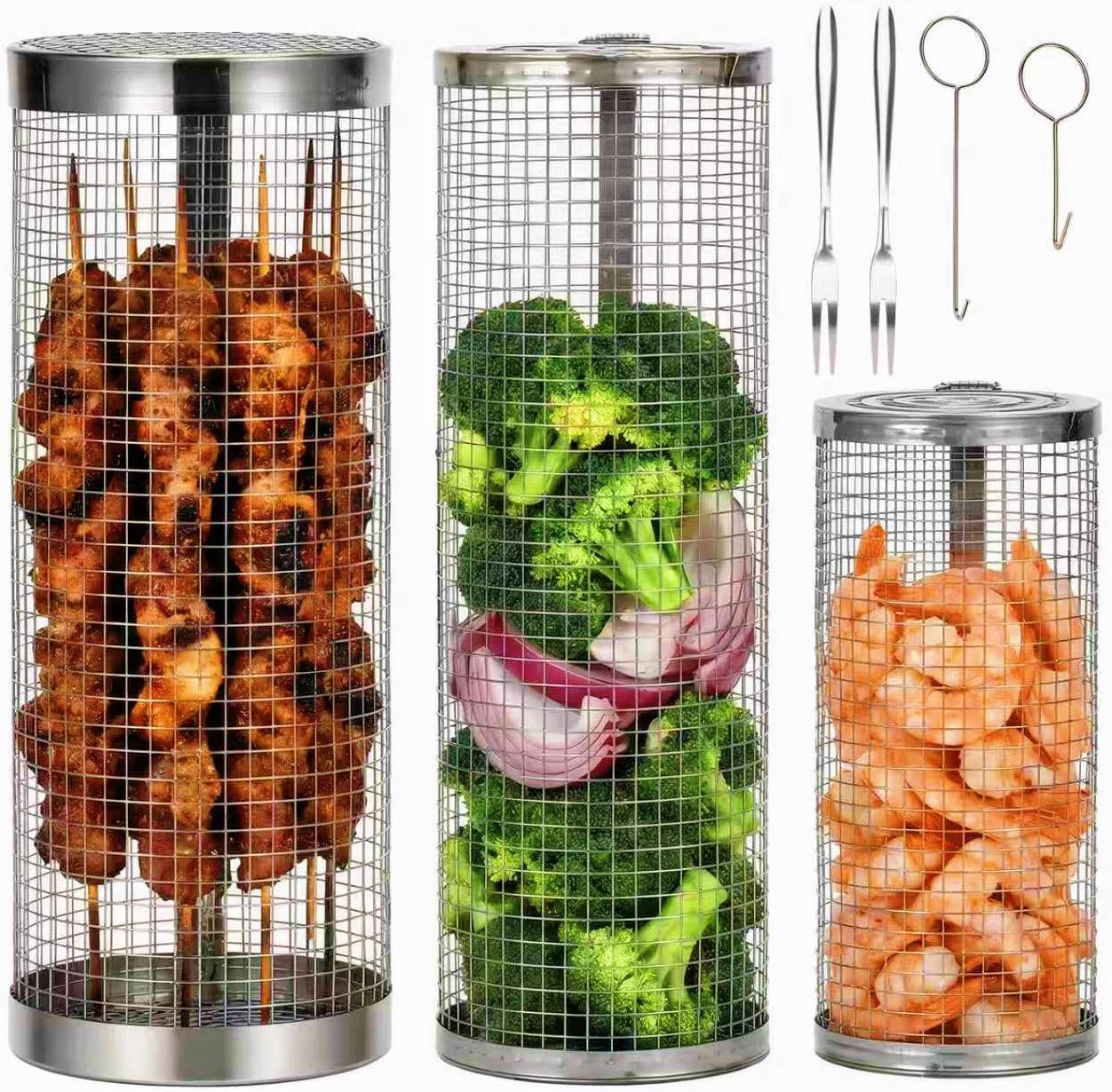 3 Pcs Rolling Grill Baskets for Outdoor Grill Accessories, BBQ Grilling Basket for Vegetables Shrimp Kebob, Outdoor Cooking Camping, Birthday Gifts for Men Dad Husband
