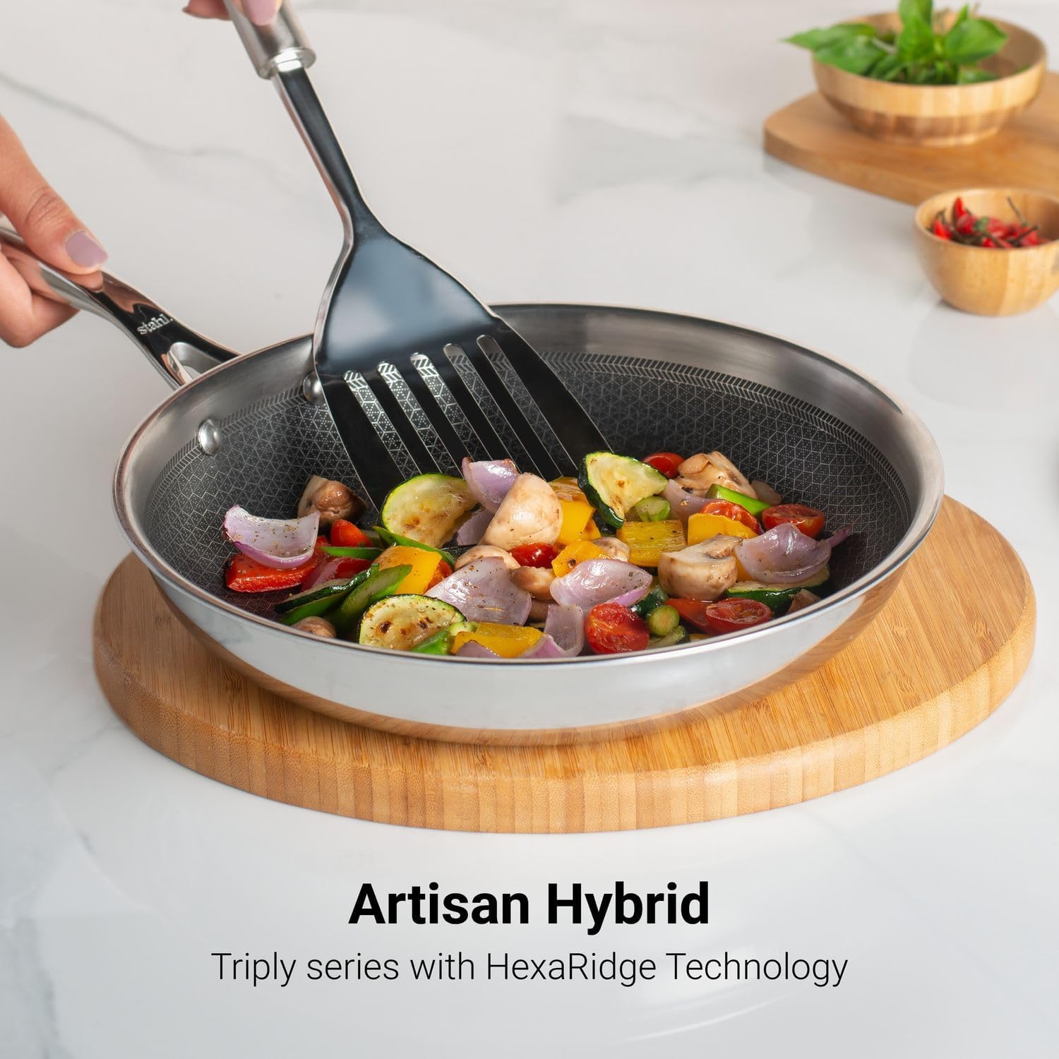 Stahl Triply Stainless Steel Non Stick Pan | Stainless Steel Frying Pan Without Lid | Fry Pan with Induction Base|Scratch Resistant Non Stick Pan | Hybrid 6438, Dia 18 cm, 0.9L (Serves 1 Person)