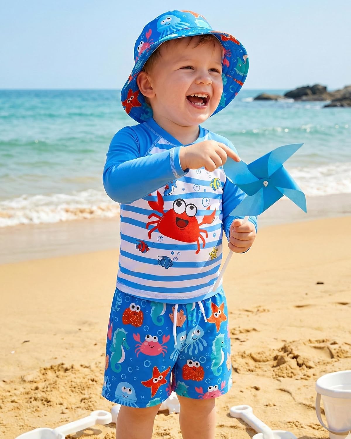 Toddler Swimsuit Boy Baby Boy Swim Set Bathing Suit with Sun Hat Rash Guard Set Swimwear Trunk 3 Pieces 6 Month-5T