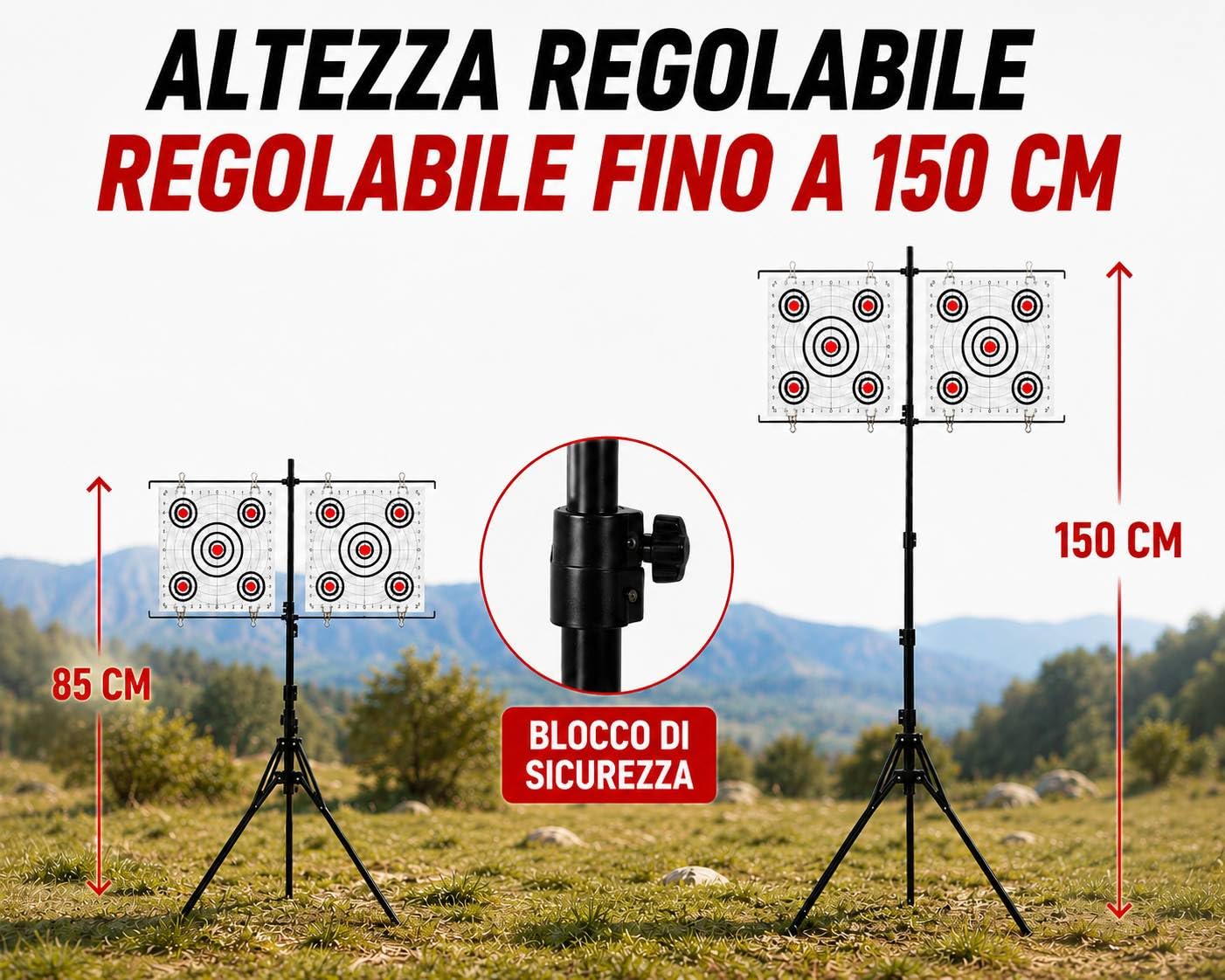 Supporto per bersagli con treppiede estensibile fino a 150 cm – Ideale per Airsoft, armi ad aria compressa, pallini di piombo e sfere in acciaio. Compatibile con bersagli fino a 30 x 30 cm. pieghevole