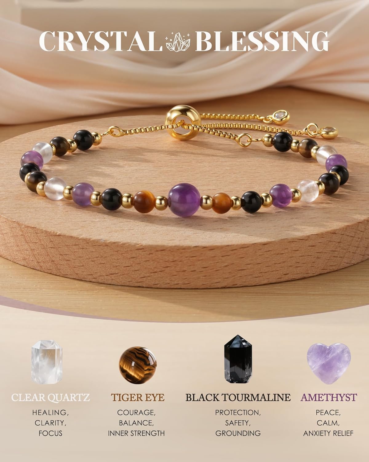 HGDEER Natural Crystal Healing Bracelet for Women - Amethyst Tiger Eye Black Tourmaline Clear Quartz - Anxiety Relief Gemstone Jewelry with Blessing Card - Image 4