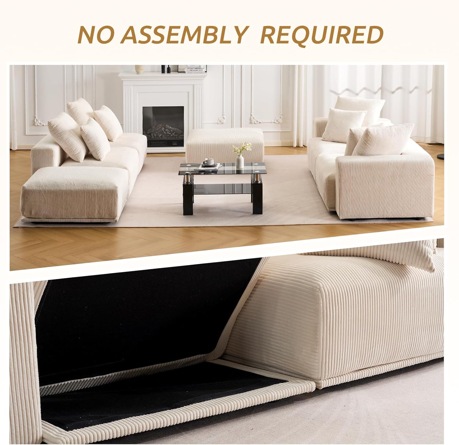Cloud Couch Modular Sectional Sofa,132.68" L Shaped Couch with Ottoman,3 Seater Corduroy Couch, Convertible Sectional Sofa for Living Room,Cushion Covers Removable& Washable,Beige