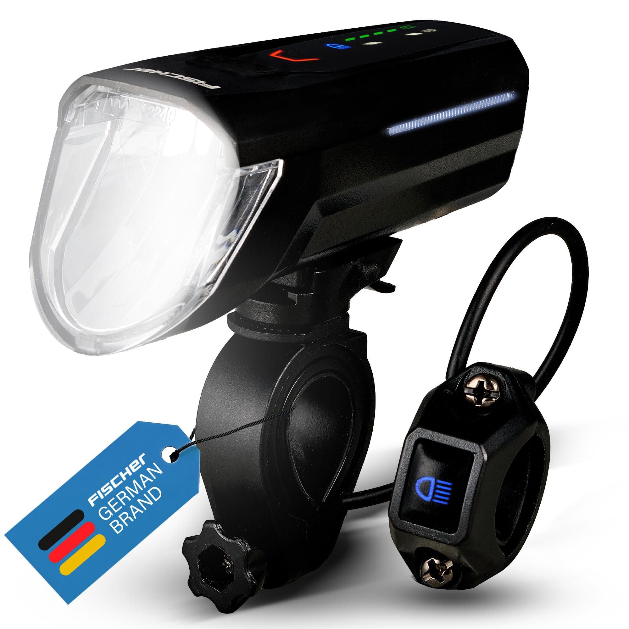 FISCHER Fahrrad LED-Frontlicht 100 Lux Fernlicht, mit Sensormodus, spritzwassergeschütztes Gehäuse, einfache Montage, schwarz, 1 Stück