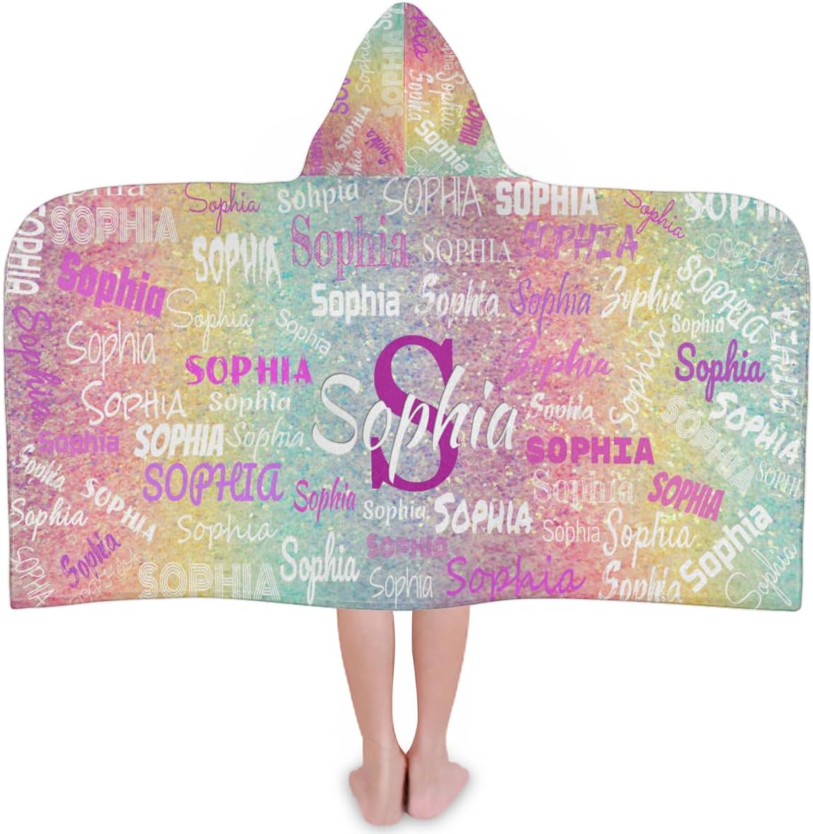 Custom Kids Hooded Beach Towel with Name, Swimsuit Cover-up Wrap Travel Holiday Bath Towel with Snaps, One Size, Colorful Rainbow Glitters Effect Name Ranked Print