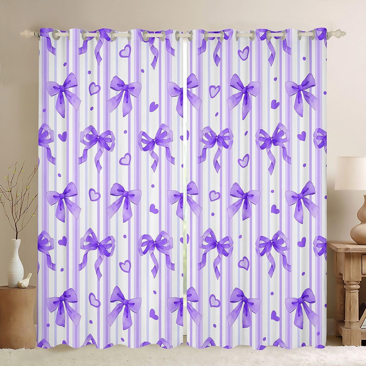 Erosebridal Girly Coquette Bowknot Blackout Curtains 42" Wx84 L, 2 Panels Princess Bow Checkered Window Curtains Fantasy Ribbon Bow Kawaii Window Treatments Drapes for Bedroom Aesthetic Pink Purple