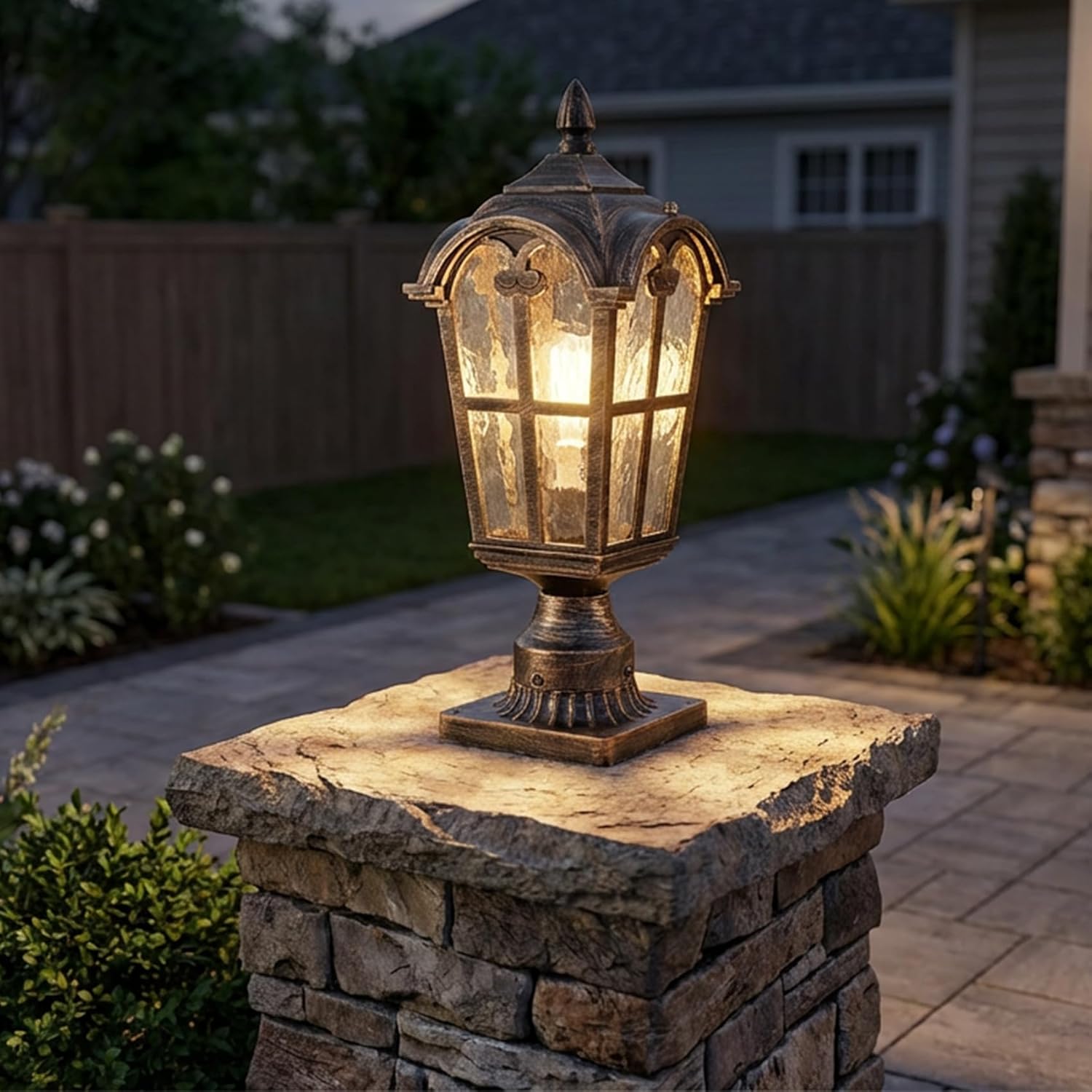 YUBOLE Outdoor Post Light, Exterior Pole Lanten, Waterproof Cast Aluminium Post Light Fixture with Water-Tempered Glass Shade, E26 Based Post Lamp for Garden, Driveway, Backyard- Antique Brass